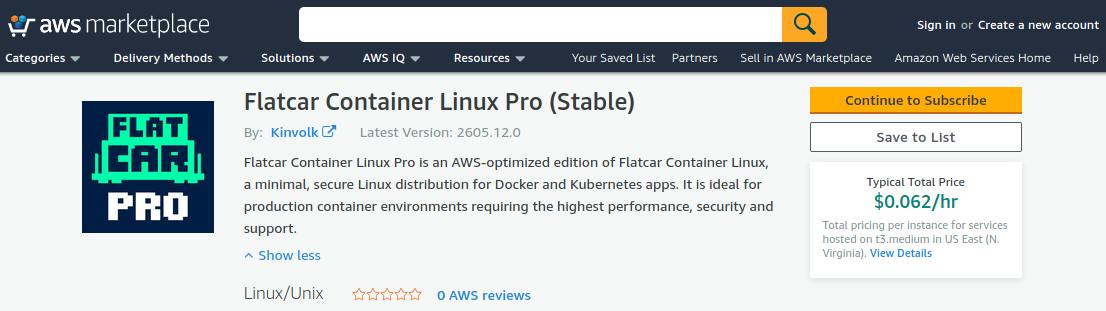 Capture of the Flatcar Pro for AWS offering in the AWS Markteplace